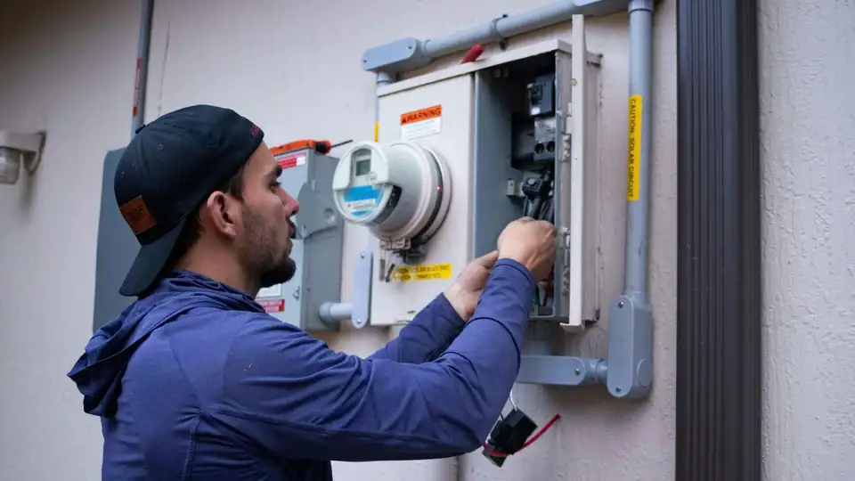 An electrician working on a house's meter and panel