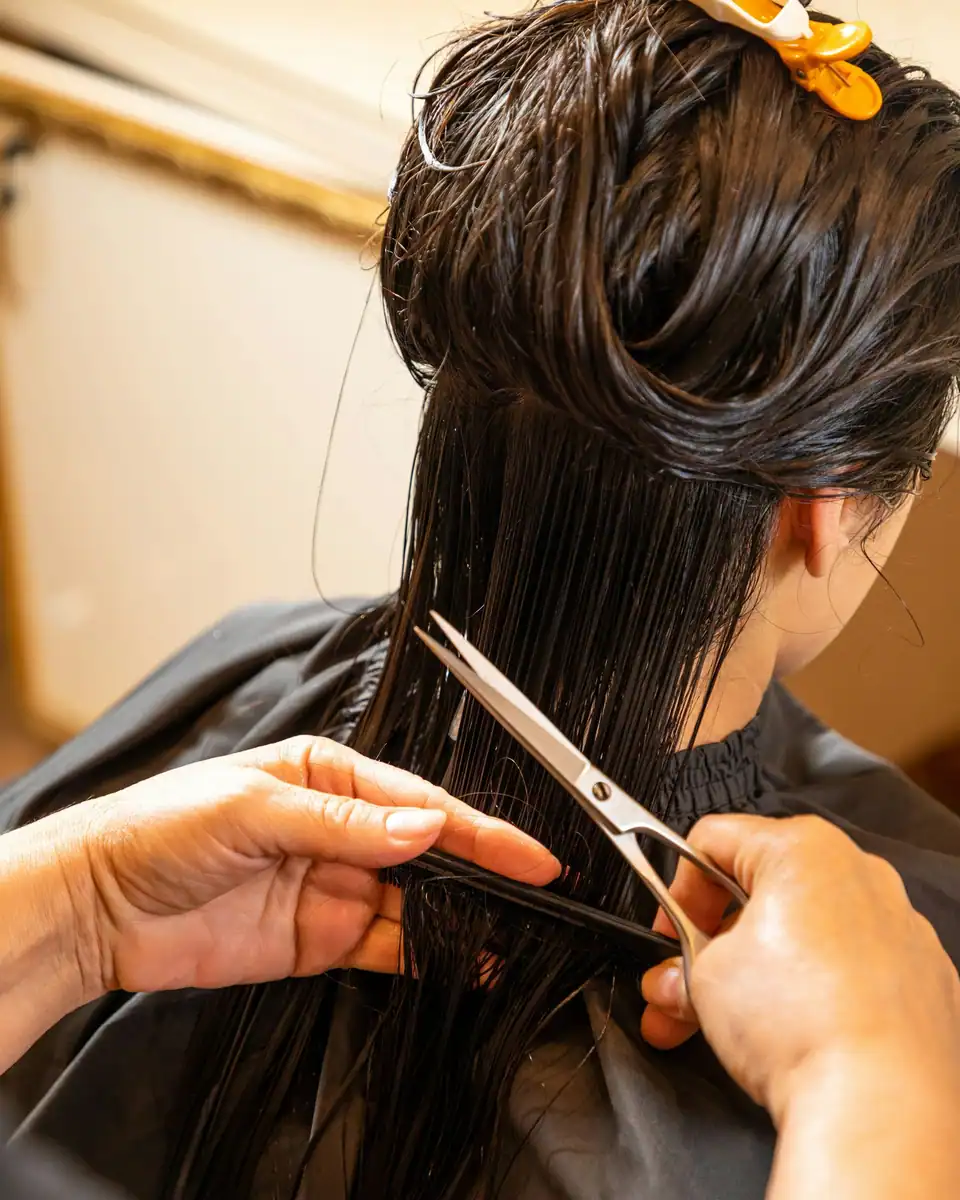 Scissors taking a clean line through wet hair