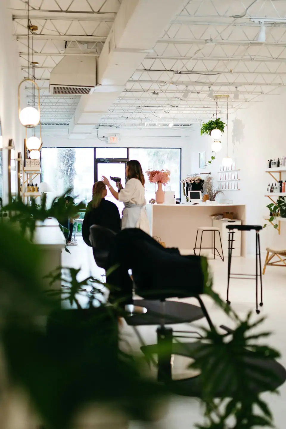 The salon floor in the afternoon, plants in the foreground