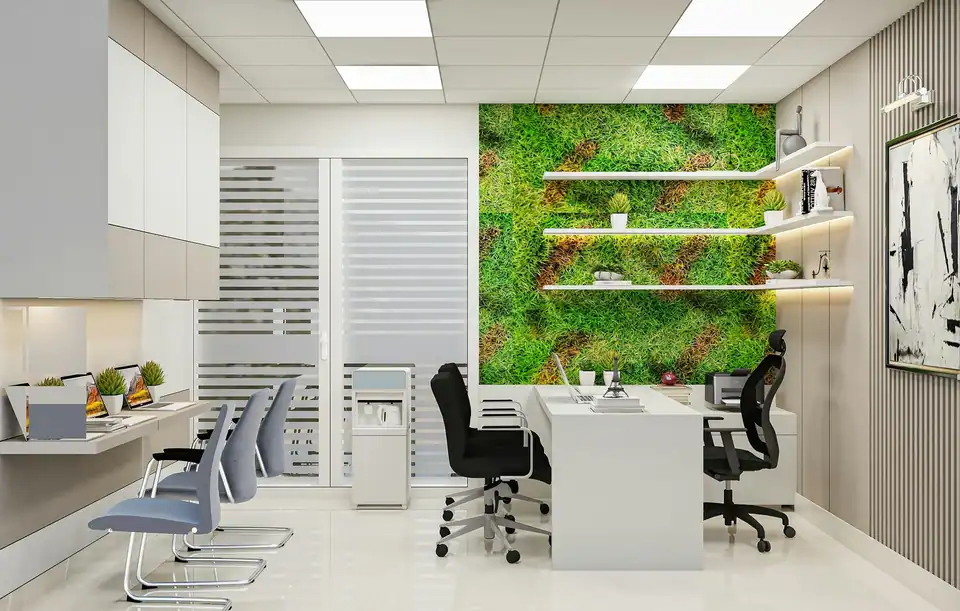 The consulting room, with a living green wall